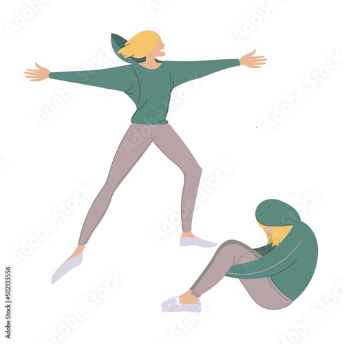 One girl in two states of activity and depression