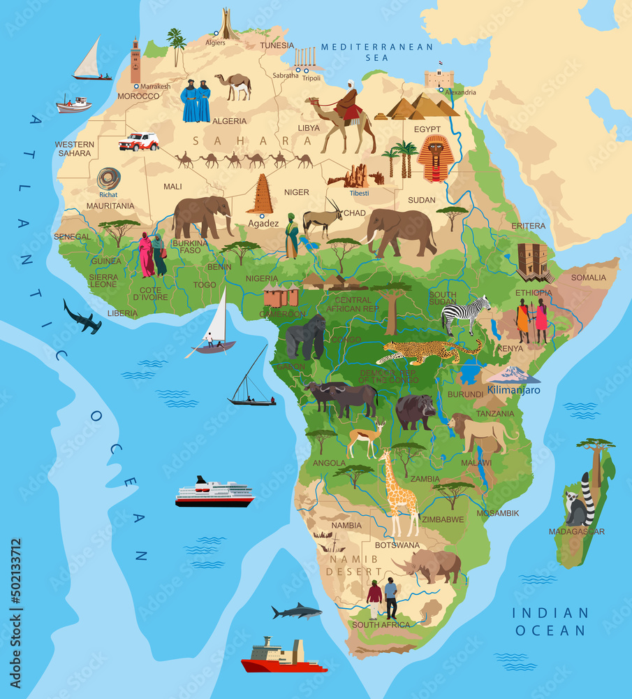 Mainland Africa. Animals, sights, cities and countries. Vector graphics - obrazy, fototapety, plakaty 