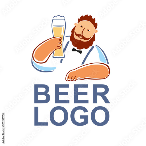 Beer logo. Cute bearded man with a glass of beer in his hand. Vector graphics