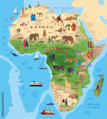 Mainland Africa. Animals, sights, cities and countries. Vector graphics