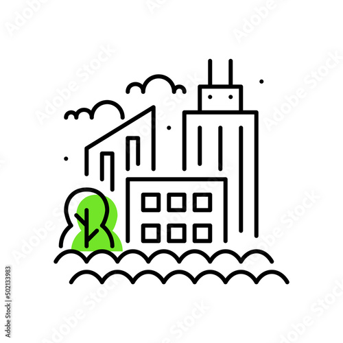 City inundation due to climate change and sea level rise. Pixel perfect, editable stroke line art icon