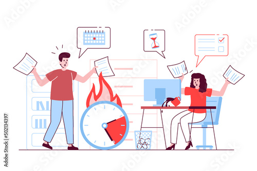 Deadline at office concept in flat line design. Worried man and woman rush to complete tasks from list, time is counting down for busy team. Vector illustration with outline people scene for web