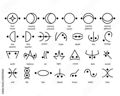 Moon glyphs, magic and mystical signs. Witches symbols. Occult, esoteric, divination and wicca concept.