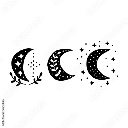 Magic moon phase in boho style. Black and white linocut isolated