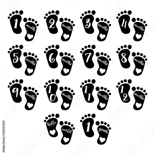 Baby monthly milestone, foot print. Birthday monogram isolated
