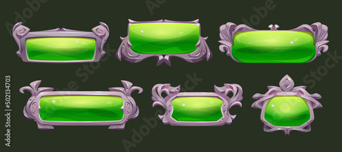 Game ui frames, green medieval borders with metal silver vignette. Interface menu buttons, empty royal gui bars, banners or sign boards with golden ornate rims and glass plaques, Cartoon vector set