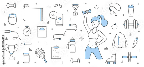 Fitness, healthy lifestyle background with doodle icons. Woman exercise with dumbbells, roller skates, pills and mobile app, water bottle, meter, shaker, weight, medal, stopwatch Linear vector design