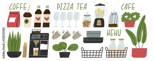 Filling for a city cafe. Syrup, plates, blender, coffee machine, plants, mugs, glasses, decor, milk, nuts. Quotes coffee, pizza, tea, cafe in original font. Flat style in vector illustration.