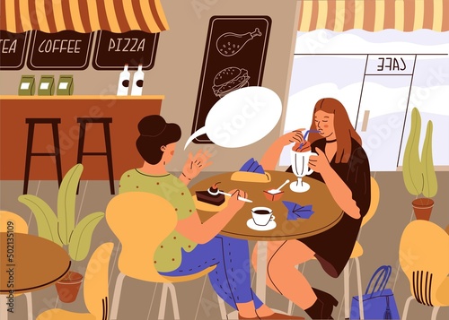 Girls eat and talk together at city cafe. Scene in restaurant. Women sit at tables and have a conversation. Persons eat dessert and drink sweet drinks. Modern people in vector illustration.