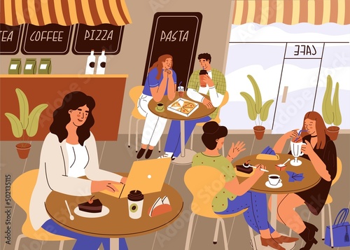 Scene in cafe. Woman works on a laptop at a table in a restaurant. People eat and talk together. Men and women sit at tables at city cafe and have a conversation. Modern people in vector illustration
