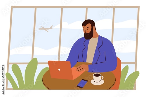 Man in cafe. Freelancer working at laptop. Business class lounge at the airport. First class business passenger works at the table with coffee. Flat style in vector illustration.