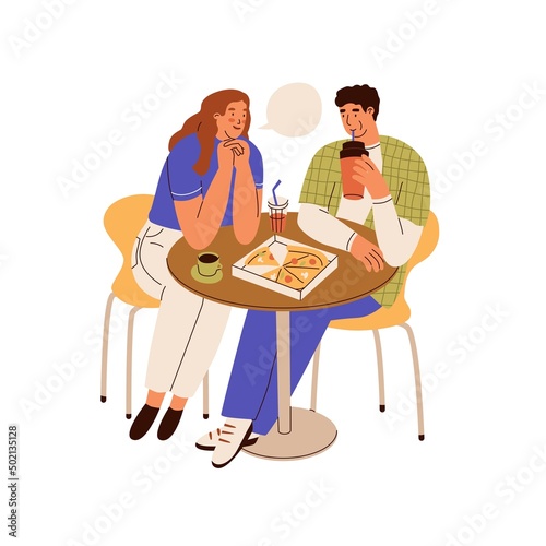 Woman talking with man at a table in a restaurant. Couple eat pizza in cafe. Fast food, cafeterias of the food court in the mall, communication. Vector illustration in cartoon style. Isolated.