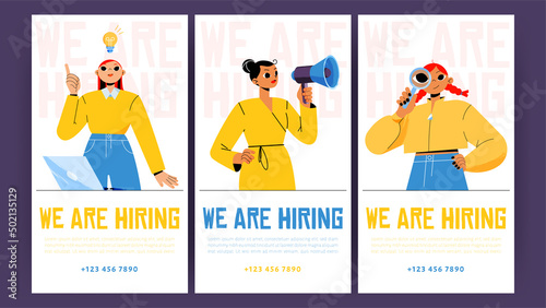 We are hiring posters with women hr managers recruit candidate for job vacancy. Vector banners of hire staff with cartoon illustration of girls workers with laptop, megaphone and magnifier