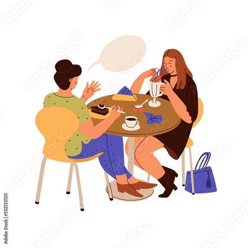 People eat at a table in a restaurant. Two women are eating dessert and talking. Fast food, cafeterias of the food court in the mall, communication. Vector illustration in cartoon style. Isolated.