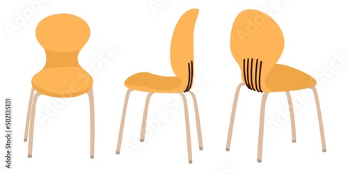 Three yellow plastic chairs from different angles. Furniture for a cafe, restaurant or dining room, Meeting room. Talking together concept. Flat style in vector illustration. Isolated elements.