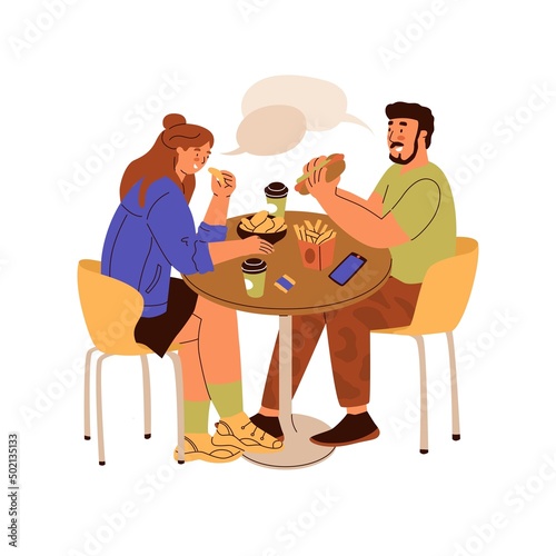 Couple eat and talk at a table in a restaurant. Fast food, cafeterias of the food court in the mall, communication. People spend time in a public place. Vector illustration in cartoon style.