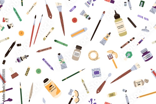 Seamless pattern with art supplies. Repeating print with artists stationery. Endless background with paints, brushes, bottles, painting items, accessories. Colored flat graphic vector illustration