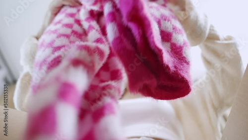 female unpack online parcel at home