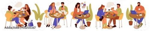 People relaxing and talks in cafe. Men and women have lunch or work in the food court. Freelancer works on laptop at restaurant. Loft office for coworking with a cafe. Flat style vector illustration.