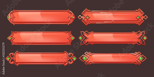 Red medieval ui game menu elements, buttons, banners with ornate rims and green gems. Empty royal gui bars for rpg or arcade, decorated borders web design interface Cartoon 3d vector illustration, set