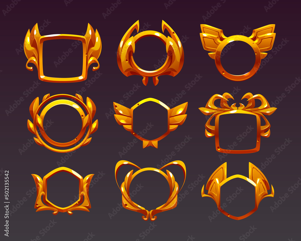 Ui game frames, gold textured round, square and hexagon borders with ornate rims and decor. Cartoon isolated graphic design gui elements for medieval rpg game or app, Vector illustration, set Ui game frames, gold textured round, square and hexagon borders with ornate rims and decor. Cartoon isolated graphic design gui elements for medieval rpg game or app, Vector illustration, set