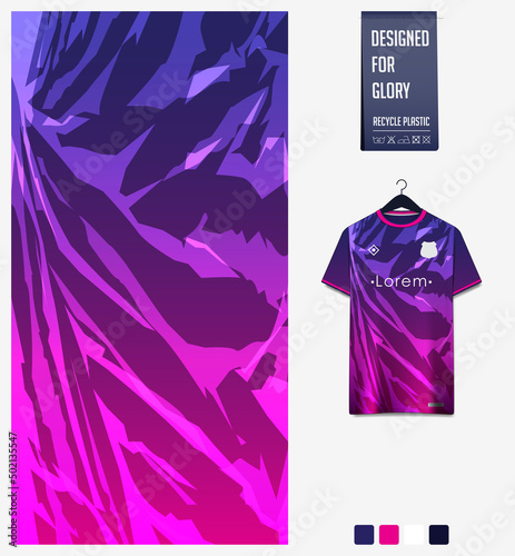 Soccer jersey pattern design. Scratch stripe pattern on violet background for soccer kit, football kit or sports uniform. T-shirt mockup template. Fabric pattern. Abstract background. 