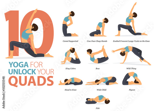 10 Yoga poses or asana posture for workout in unlock your quads concept. Women exercising for body stretching. Fitness infographic. 
