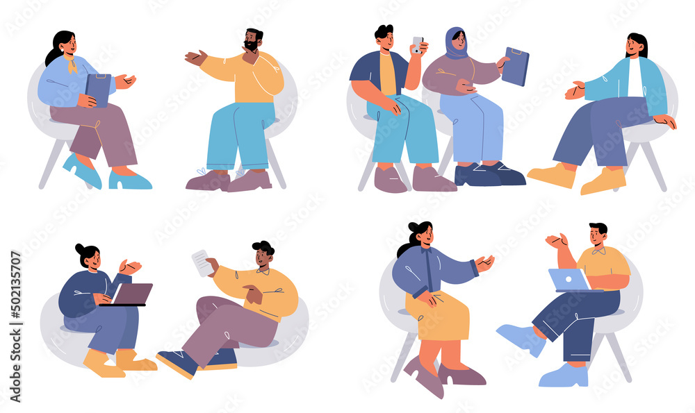 Job interview, Hr employee talk with candidates. Hiring department, work employment, recruitment, negotiation and introduction with future worker business concept, Linear flat vector illustration, set
