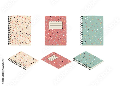 Three notebooks with modern patterns. keeping a diary, writing letters, daily pleasures, making notes. Front and isometric view. Office or school objects. Flat style in vector illustration.