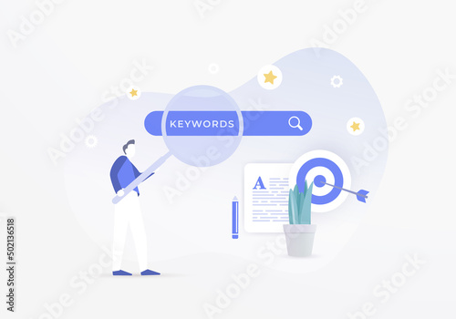 SEO Keyword Research illustration. Analysis popular search terms for search engine optimization. On-page content optimization with keyword ranking tools flat design vector concept.