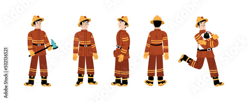 Fireman in helmet and red protection costume with axe in front, side and back view. Vector flat illustration of professional firefighter man rescues cat isolated on white background