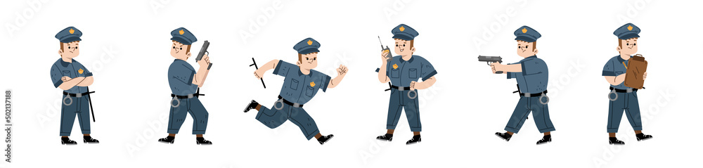 Kid in policeman costume with cap, baton and handcuffs. Vector flat illustration of boy playing police officer with walkie talkie, aiming with gun and write traffic ticket isolated on white background