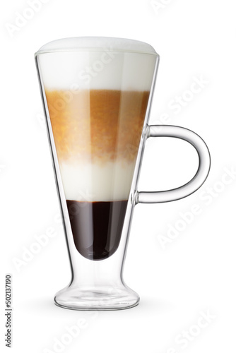Cup of layered coffee mocha isolated on white.