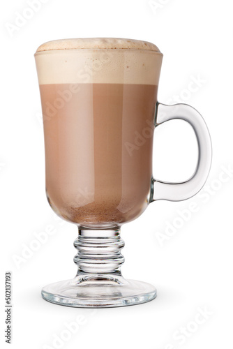 Glass of chocolate milk isolated on white.