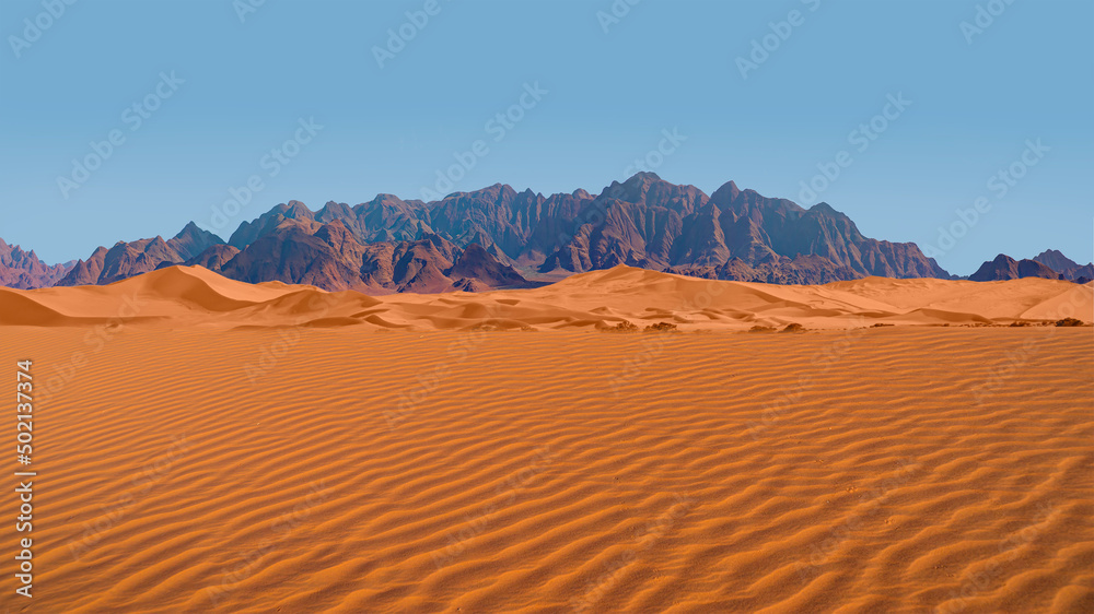 Panoramic view of orange sand dune desert with clear blue sky at Namib desert - Namibia