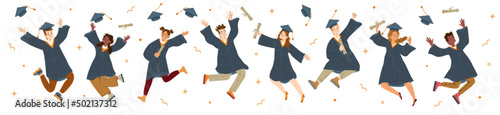 Student graduate jump, characters in gowns and academic caps rejoice, jumping and cheering up happy to get diploma certificate and degree, end of university education, Linear flat vector illustration