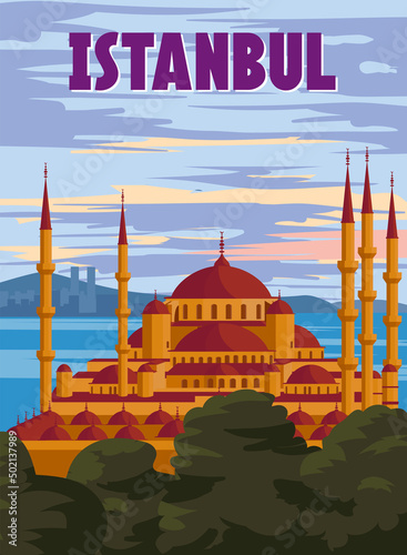 Istanbul retro poster, sunset city Turkey, Noble Hagia Sophia Grand Mosque. Vintage touristic postcard