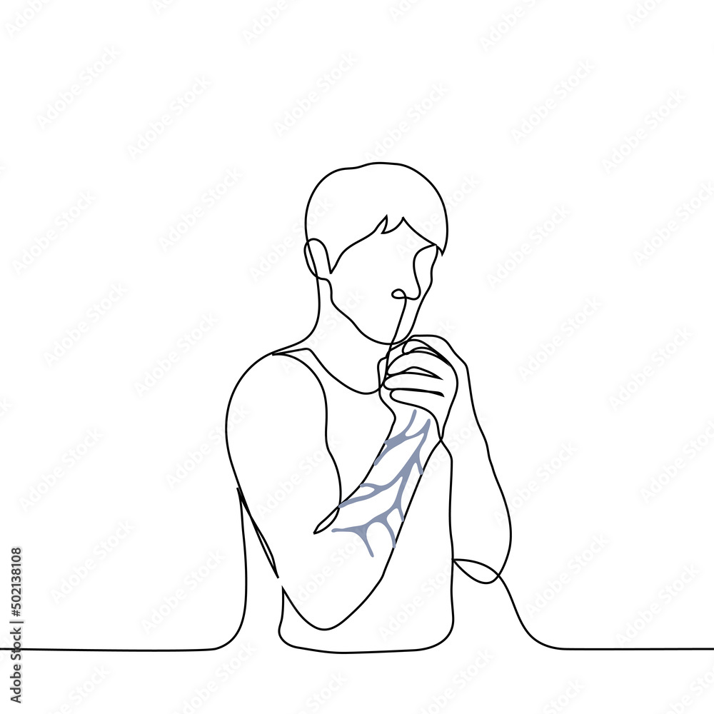 man tensed arm muscles showing swollen veins - one line drawing vector. concept the result of intense training - highlighted veins on the forearms man tensed arm muscles showing swollen veins - one line drawing vector. concept the result of intense training - highlighted veins on the forearms