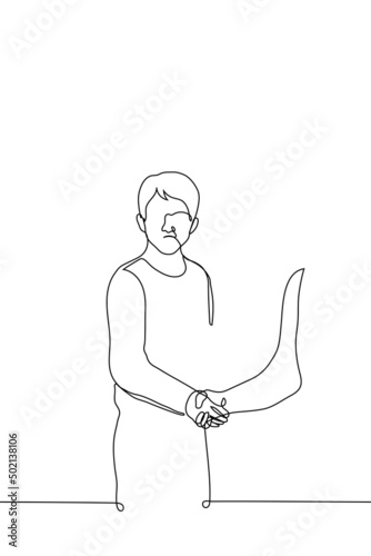 man shaking hands with someone - one line drawing vector. concept of saying hello to an unpleasant person, uncommunicative person, an angry person who is being forced photo