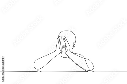 man screams with his palms clasped to be heard better - one line drawing vector. the concept of shouting out loud, calling
