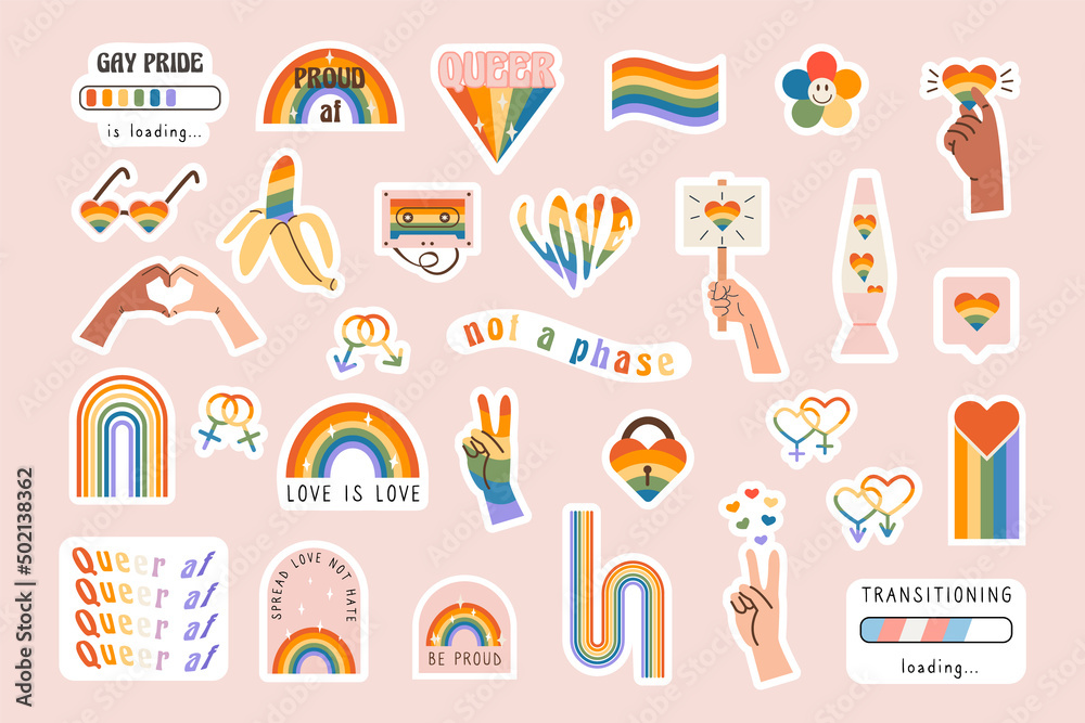 Vector set of LGBTQ community symbols with retro rainbow flag colored elements, pride symbols, gender signs. Pride month slogan and phrases stickers. Gay parade groovy celebration. Illustration.