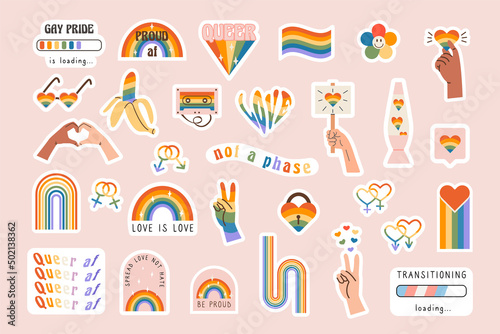 Vector set of LGBTQ community symbols with retro rainbow flag colored elements, pride symbols, gender signs. Pride month slogan and phrases stickers. Gay parade groovy celebration. Illustration. photo
