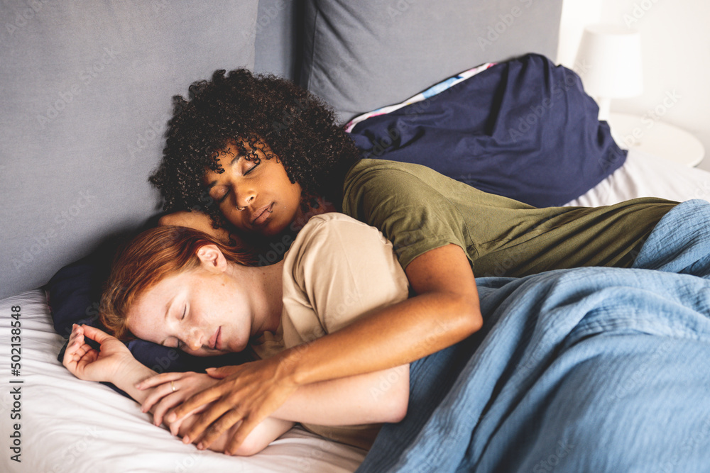 Young Lesbian Couple Lying And Sleeping In Their Bed Lgbt Lifestyle 9092