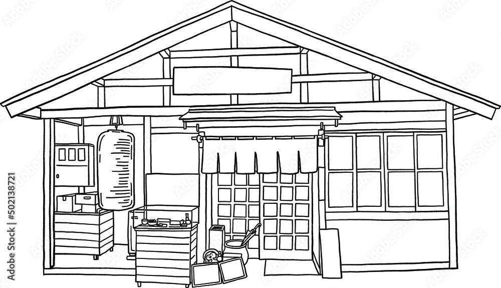 Japan small shop storefront Traditional House Hand drawn Line art