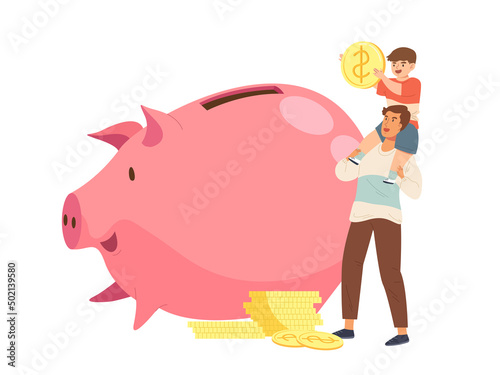 The Boy holds coin and piggyback rides his father with giant pink piggy bank Fototapeta