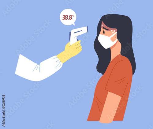 Young sick female with high body temperature fever get checking body temperature before entering public area. No entry. COVID-19 defensive measure. Flat vector illustration character.