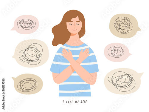 Young female embraces her self and does not care about bad comments from people. Concept of self love, self care, confidence, encouragement, support, mental health, good mind. Flat vector illustration