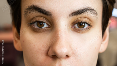 Caucasian woman before procedure in beauty salon. 