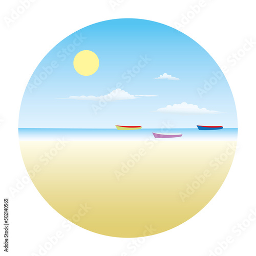Fototapeta Naklejka Na Ścianę i Meble -  Sun Sea and Beach summer illustration Fishing boats Clouds Blue Sky Logo