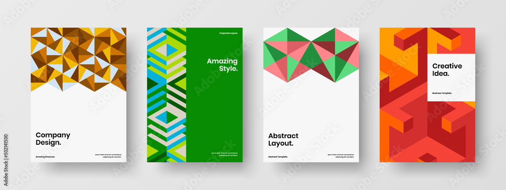 Fototapeta premium Minimalistic placard A4 design vector concept composition. Colorful mosaic hexagons company identity template bundle.